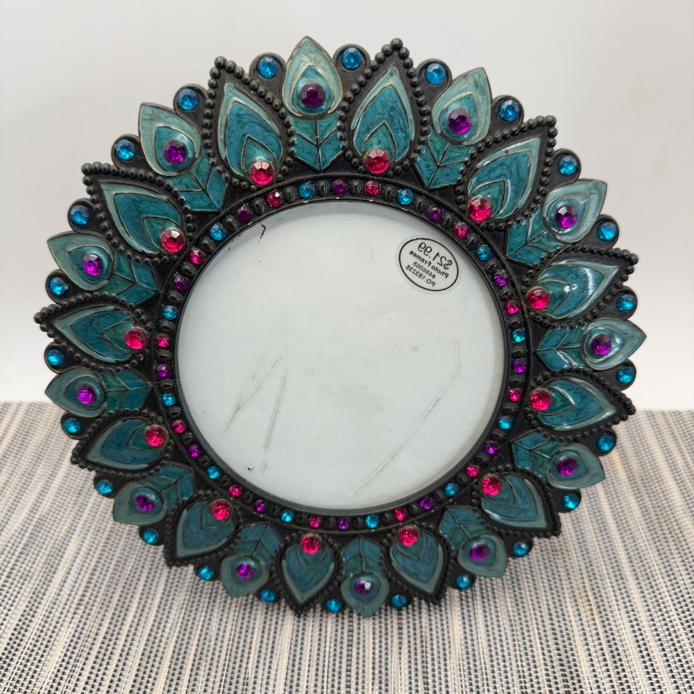 Peacock Feather Round Picture Frame 7in Metal Rhinestone Teal Blue Pink Jewel
